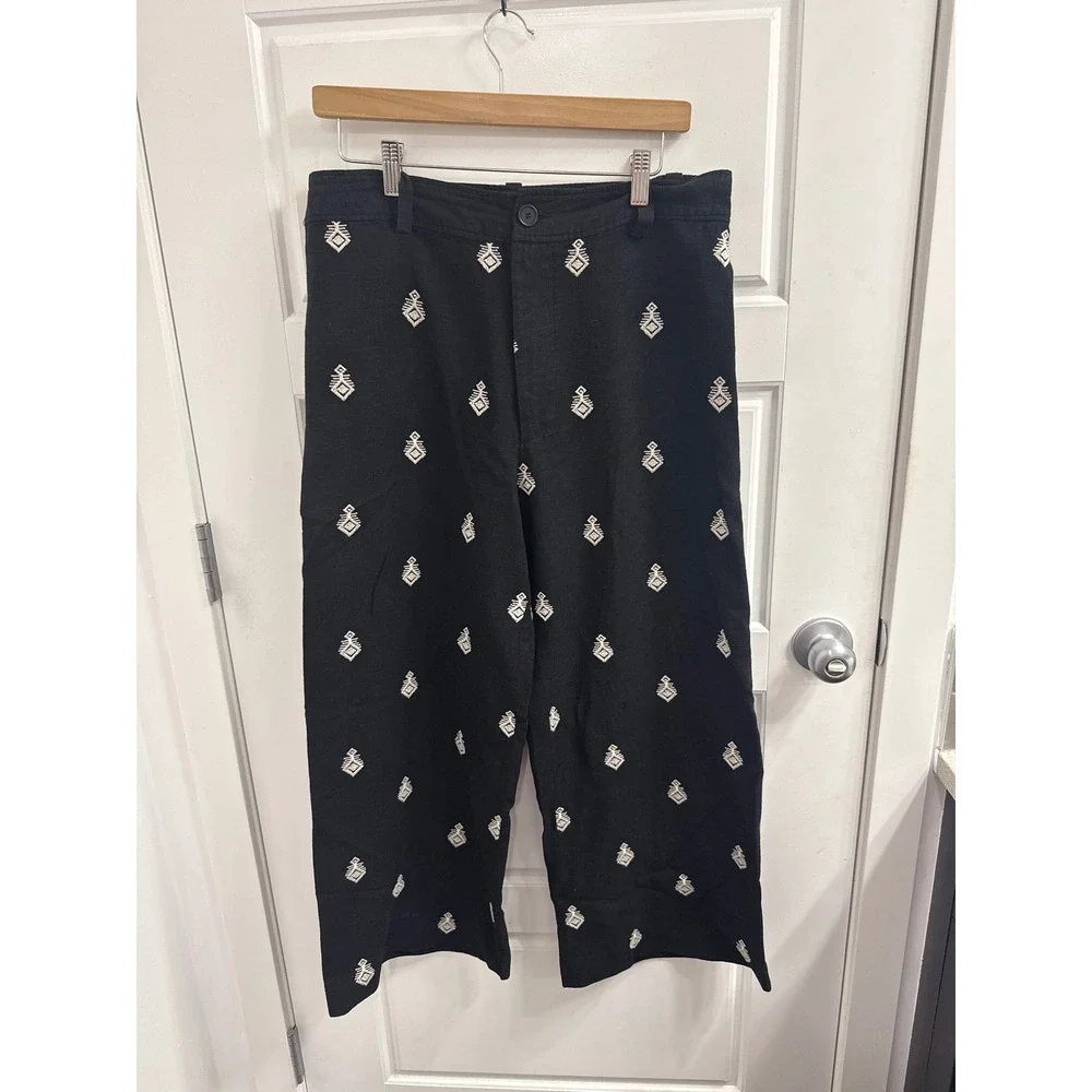 Zara Womens XL Black Embroidered Wide Leg Culotte Pants Geometric Boho Cropped - Picture 1 of 3
